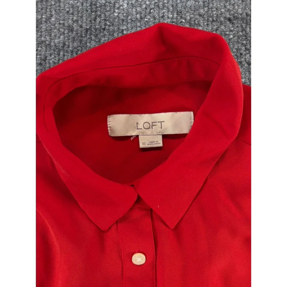 Loft Women Red Long Sleeve Button Down Blouse Puff Shoulder Top XS Colorful bold